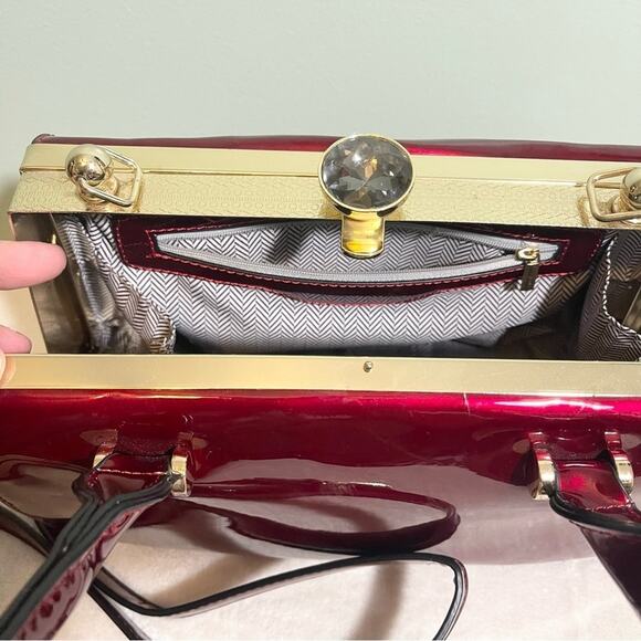 Red Patent Handbag with Rhinestone Closure - Picture 12 of 15